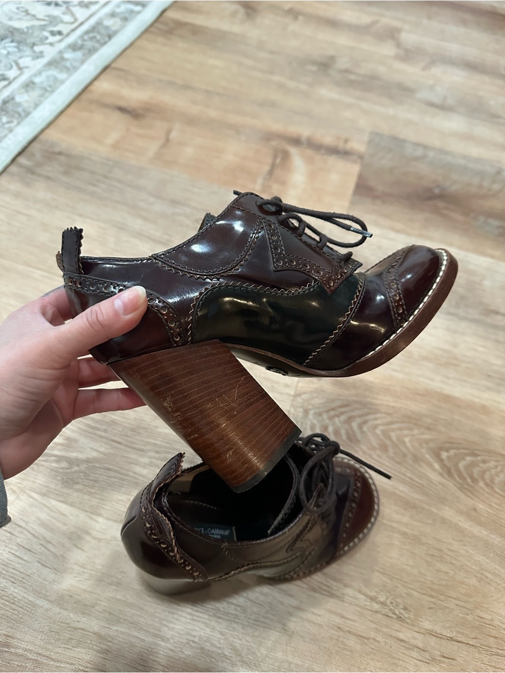 DOLCE&GABBANA burgundy patent leather lace-up block heel oxfords